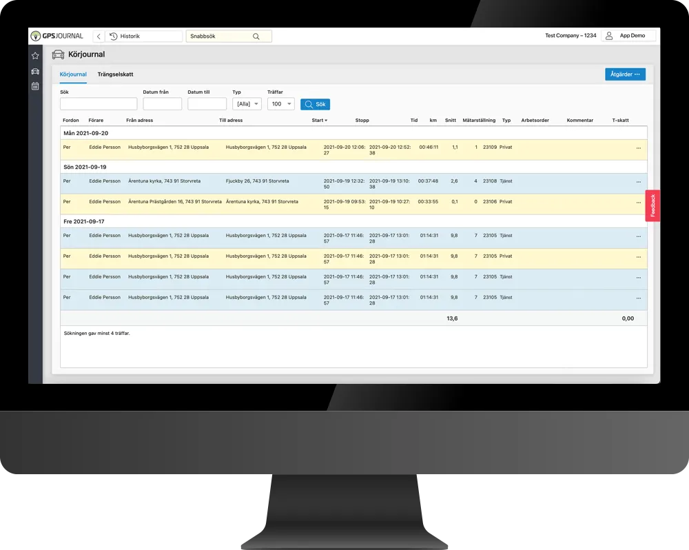 GPSjournal digital körjournal sparar alla resor i systemet för enkel administration av tider, vägskatter, privata och tjänsteresor.