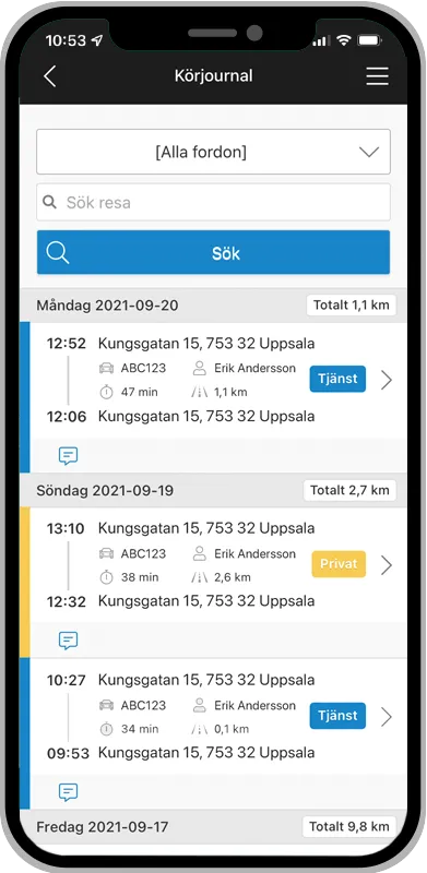 GPSjournal digital körjournal ger dig GPS-positionering på karta ser du var fordonen är just nu med några sekunders fördröjning.